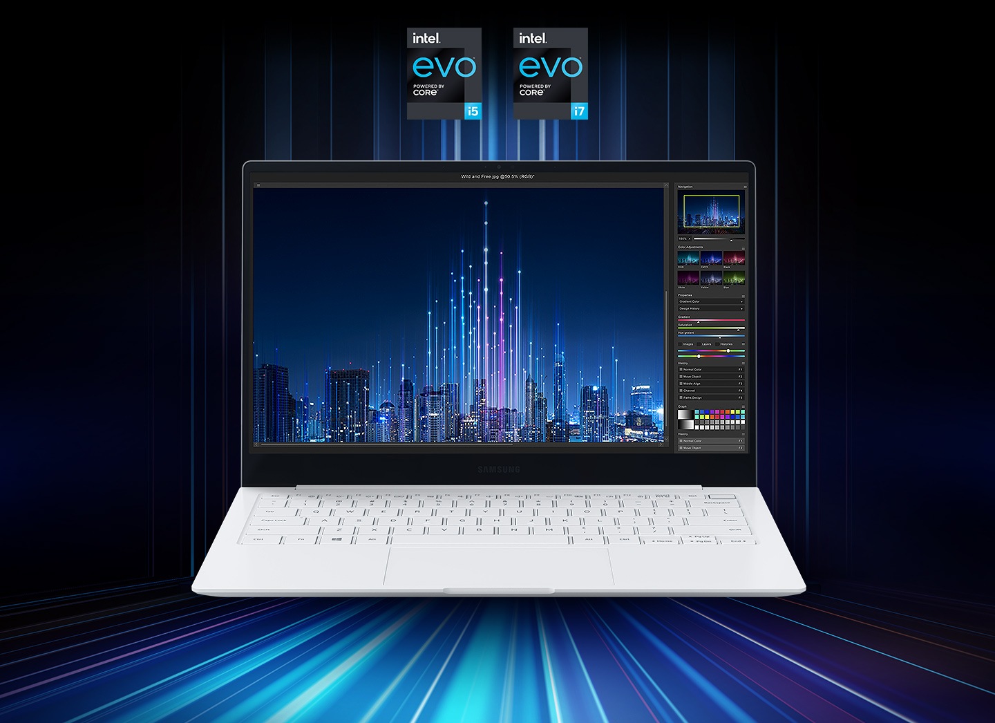There are two logos above the Galaxy Book Pro. Logos are Intel® Evo™ powered by Core™ i5 and i7 processor each.  On the screen of the device, a photo of a night cityscape is being edited on a software. The lights featured are bright and colorful.