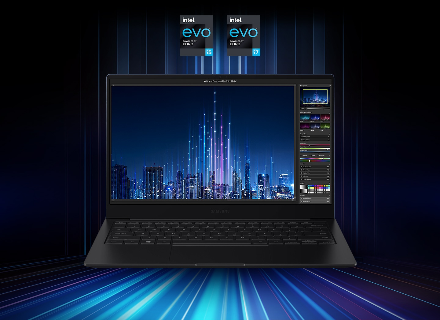 There are two logos above the Galaxy Book Pro. Logos are Intel® Evo™ powered by Core™ i5 and i7 processor each.  On the screen of the device, a photo of a night cityscape is being edited on a software. The lights featured are bright and colorful.