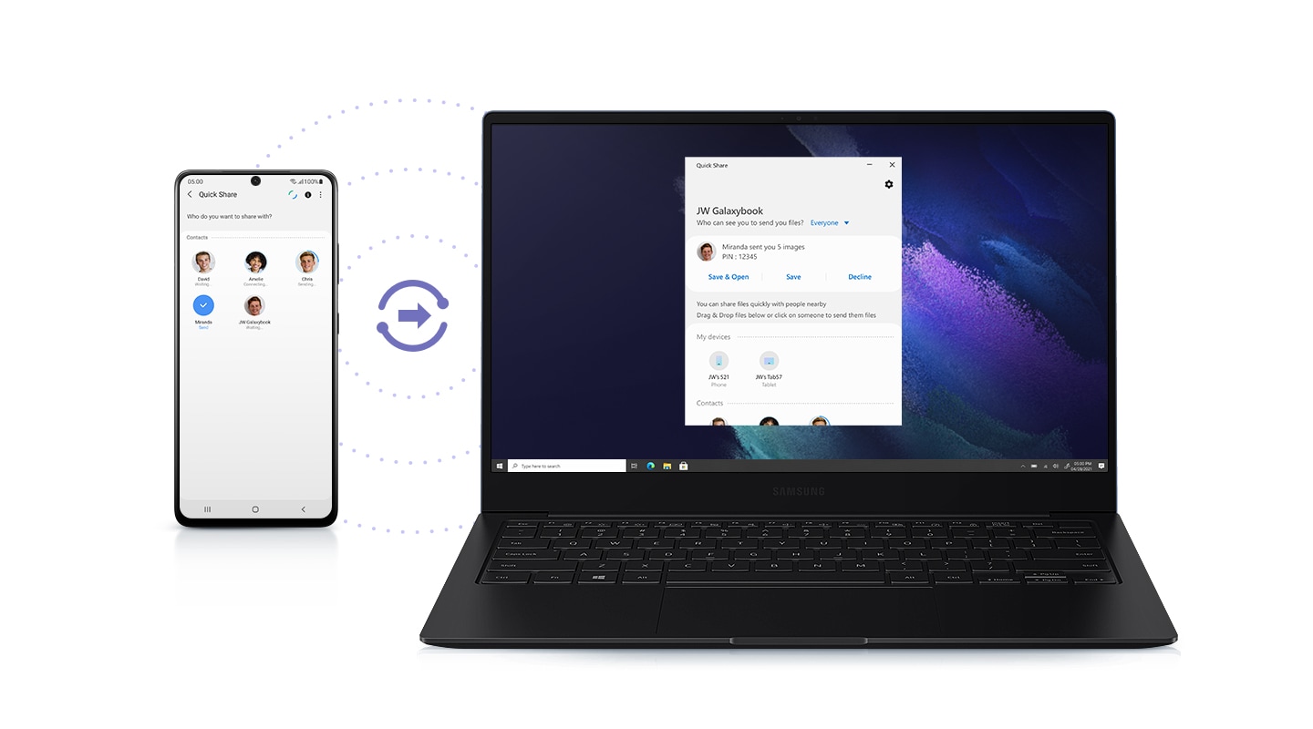 Galaxy Book Pro has a smartphone on its left to receive files. Photos of nearby people who can share files appear on the smartphone, and a photo of a sender pops-up on the laptop.