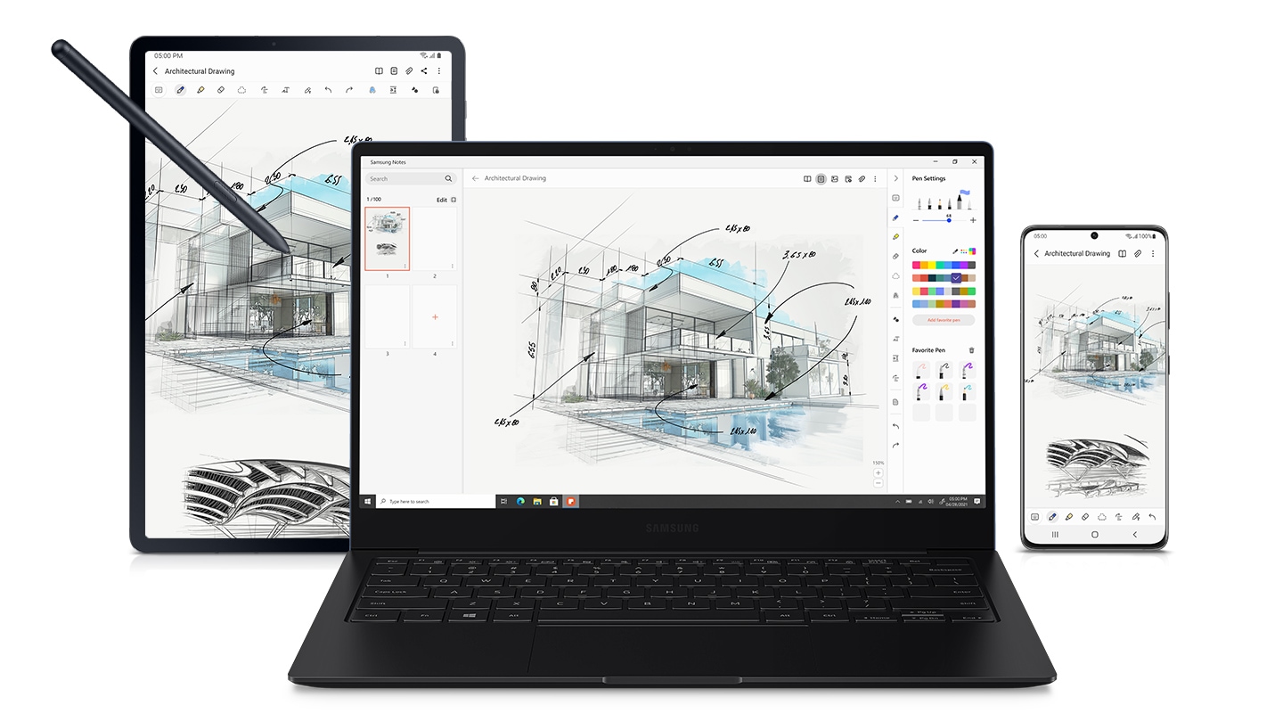 Behind the Galaxy Book Pro, a mobile phone and Galaxy Tab S7+ with an S Pen are placed side by side. Displayed on all three screens is an architectural drawing, demonstrating that the devices are synced.