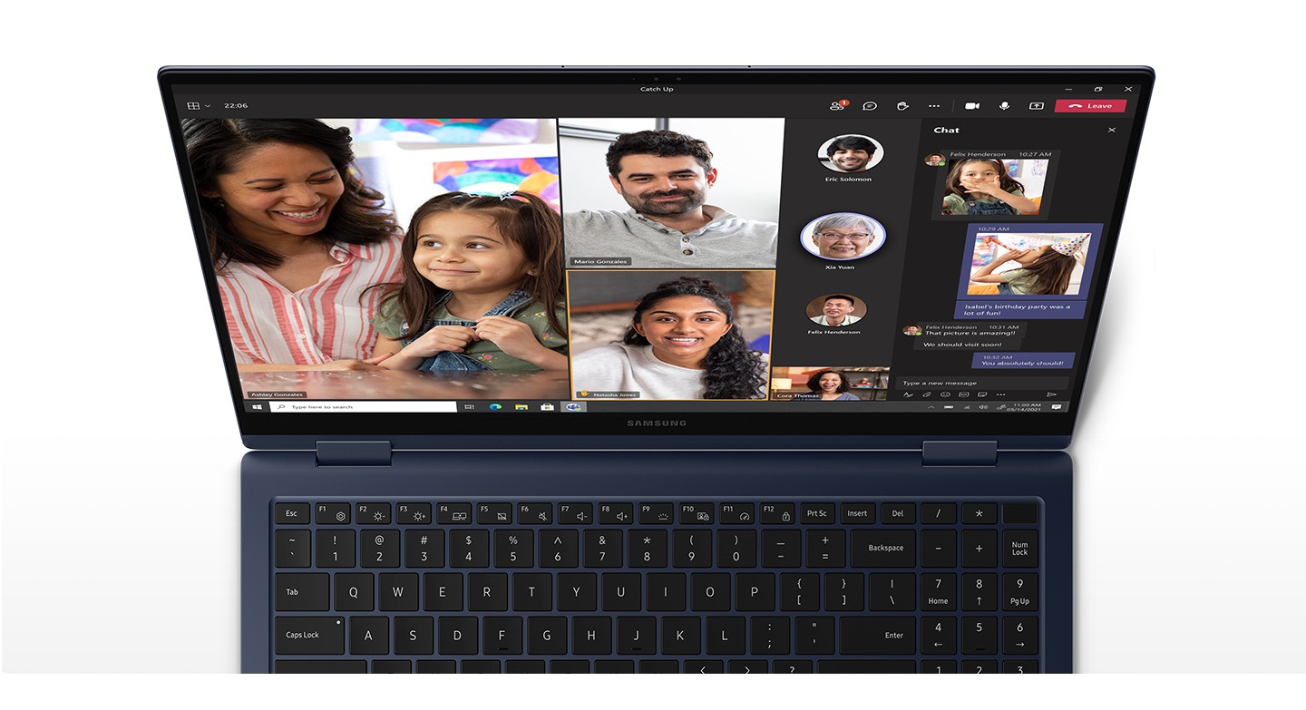 Appeared on the Galaxy Book Pro 360 is a video call with 10 different participants smiling, talking, or making a gesture while conducting a video call.