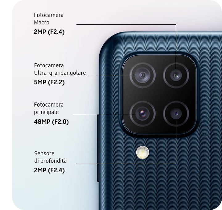 A close-up of Quad Camera with 48MP Main Camera, 2MP Macro Camera, 5MP Ultra Wide Camera and 2MP Depth Camera.