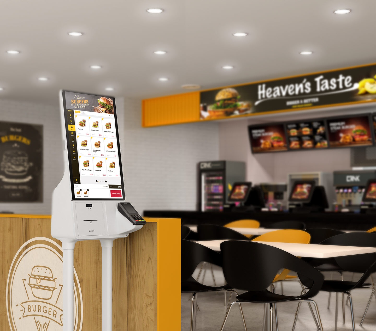 The Samsung Kiosk installed on a stand in a fast food outlet.