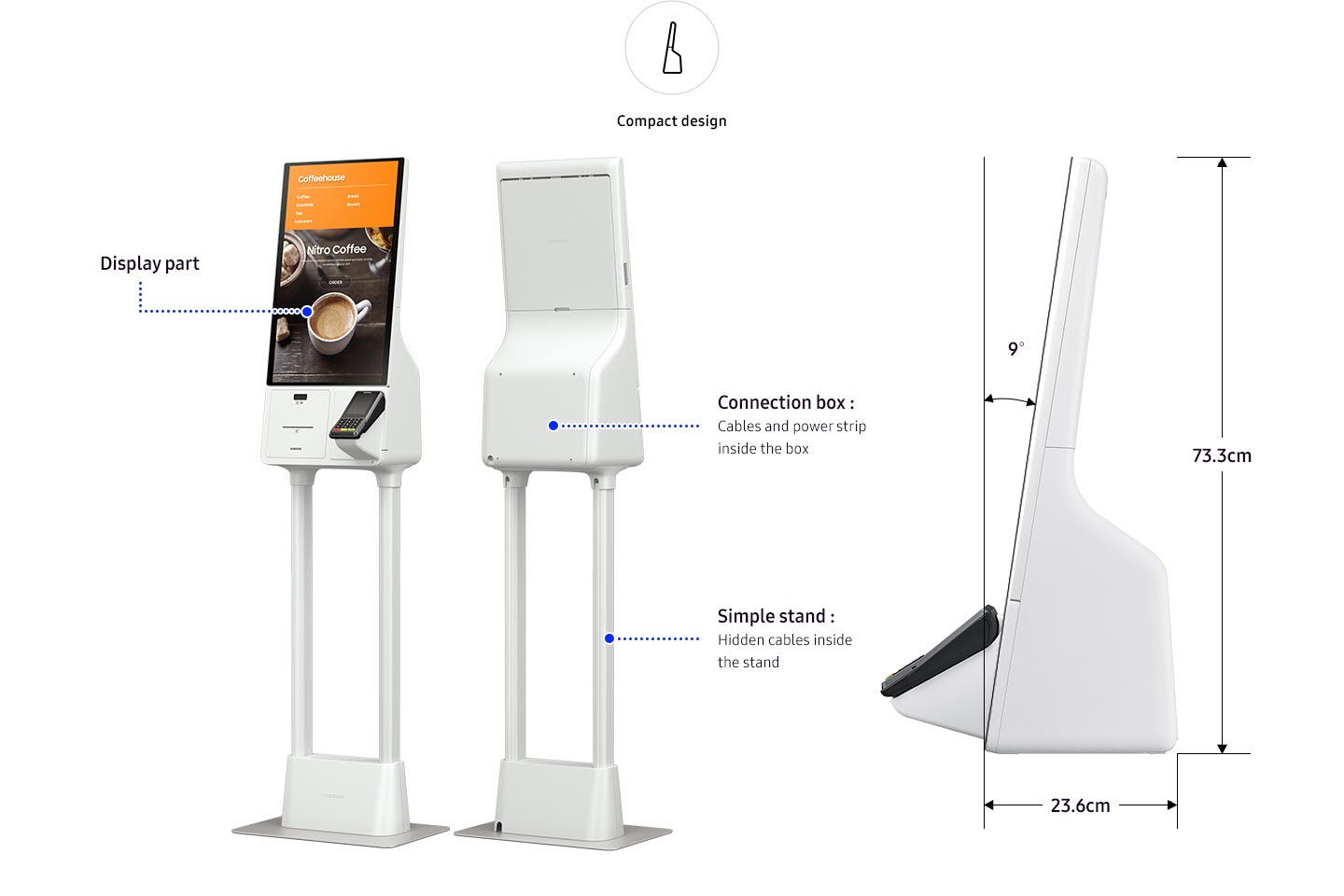 The Samsung Kiosk display, connect box and simple stand showcased, with its 9˚ incline, 73.3 cm height and 23.6 cm width.