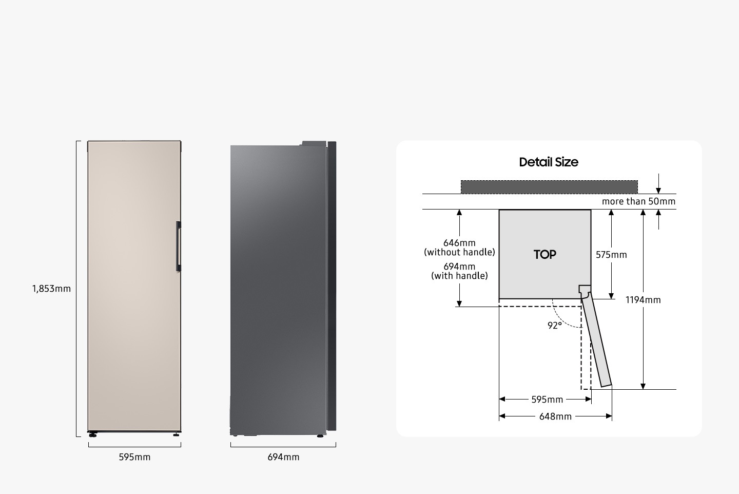 There are front and side views of RR7000. The RR7000 is 1853mm in height, 595mm in width, and 694mm in depth. The detailed sizes seen in the top are as follows. The width of the RR7000 from the rear to the front is 575mm excluding doors, 646mm including doors but with out handle (with handle 694mm). The door is opened up to 92°, with a width of 648 mm and a front width of 595 mm when the door is opened to 90°. When the door of RR7000 is opened at 90°, the length from the back of the product to the front of the door shall be 1194 mm, and the product shall be installed with a space of more than 50 mm from the wall.