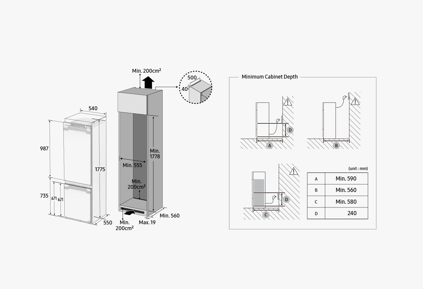 Altezza di installazione di BRB6000M 1935 mm, larghezza 540 mm, profondità totale inclusa la profondità della porta 550 mm. Altezza totale congelatore 735 mm, altezza da pavimento a porta 671 mm, altezza porta congelatore 621 mm, altezza sezione frigorifero 1147 mm. L'armadio per la conservazione del BRB6000M include tre prese d'aria, due delle quali situate nella parte inferiore e una in alto. Le 2 prese d'aria inferiori dovrebbero essere larghe almeno 200 centimetri quadrati e la presa d'aria superiore dovrebbe essere larga 500*40 cm. La freccia nera guida l'aria riscaldata attraverso due prese d'aria in basso e una presa d'aria in alto. Larghezza minima dell'armadio 555 mm, profondità minima 560 mm, altezza minima 1938 mm e la profondità della scheda dell'armadio è massima 19 mm. Se la linea della spina si trova nella parte superiore dell'armadio, la profondità minima dell'armadio deve essere 590 mm (B). Se la linea della spina si trova nella parte inferiore quando la presa si trova sopra i 240 mm (D), la profondità minima dell'armadio deve essere 590 mm (A). Se la linea della spina si trova nella parte inferiore quando la presa si trova al di sotto di 240 mm (D), la profondità minima dell'armadio deve essere di 580 mm (C).