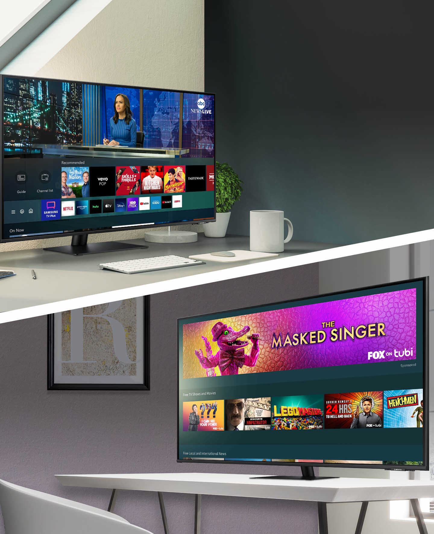 The Samsung TV Plus app is running on the upper monitor, and the Universal Guide is running on the lower monitor.