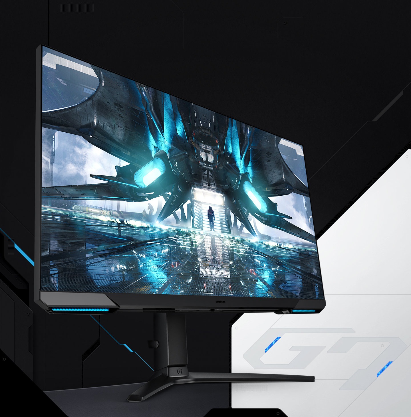 There is a monitor with its blue light on at the bottom of the screen. The name of the model 'G7' is written on the background which consists of black and white with blue points. On a monitor screen shows large space ship landed on unknown planet. An astronaut in full protective space gear has just descended a flight of stairs that is illuminated by blue light leading from the spaceship to the surface.