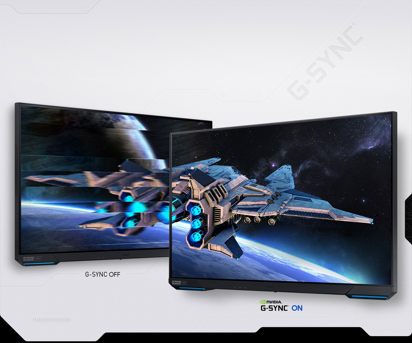 Two monitors show the same scene of a star ship flying over an unknown world towards deep space. The star ships are firing off a blue gas to propel forward. The left monitor's screen where G-Sync is off is disjointed with jarring screen jitter while the right with G-Sync on shows the star ship with perfect clarity.