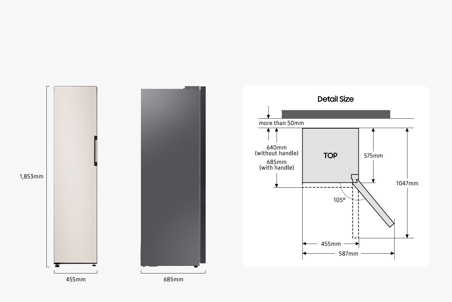 There are front and side views of RR5000. The RR5000 is 1853mm in height, 455mm in width, and 685mm in depth. The detailed sizes seen in the top are as follows. The width of the RR5000 from the rear to the front is 575mm excluding doors, 640mm including doors but with out handles (with handle 685mm). The door is opened up to 105°, with a width of 587 mm and a front width of 455 mm when the door is opened to 90°. When the door of RR5000 is opened at 90°, the length from the back of the product to the front of the door shall be 1047 mm, and the product shall be installed with a space of more than 50 mm from the wall.