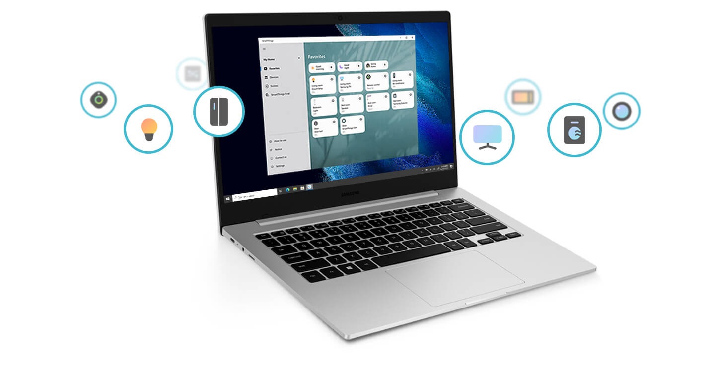 The laptop is surrounded by several icons showing various IoT devices such as a TV, lighting, refrigerator and washer & dryer. Displayed on the screen is the program in operation regarding SmartThings home system for a connected living.