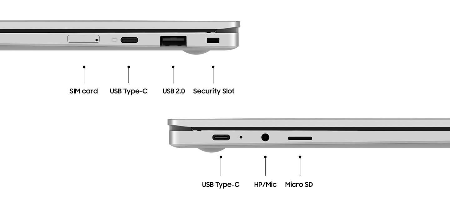 A close-up of the sides of Galaxy Book Go to show the different available ports including Micro SD slot, 2 USB Type-C ports, USB 2.0 port, SIM slot, security slot and headset jack.