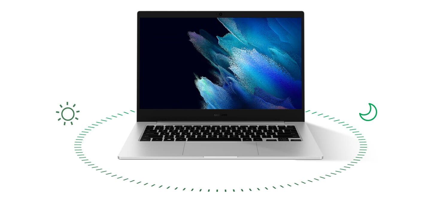 Galaxy Book Go seen opened from the front with a colorful graphic wallpaper on the display. Around the computer are dashes and a sun and moon icon to represent the battery power lasting throughout the day.
