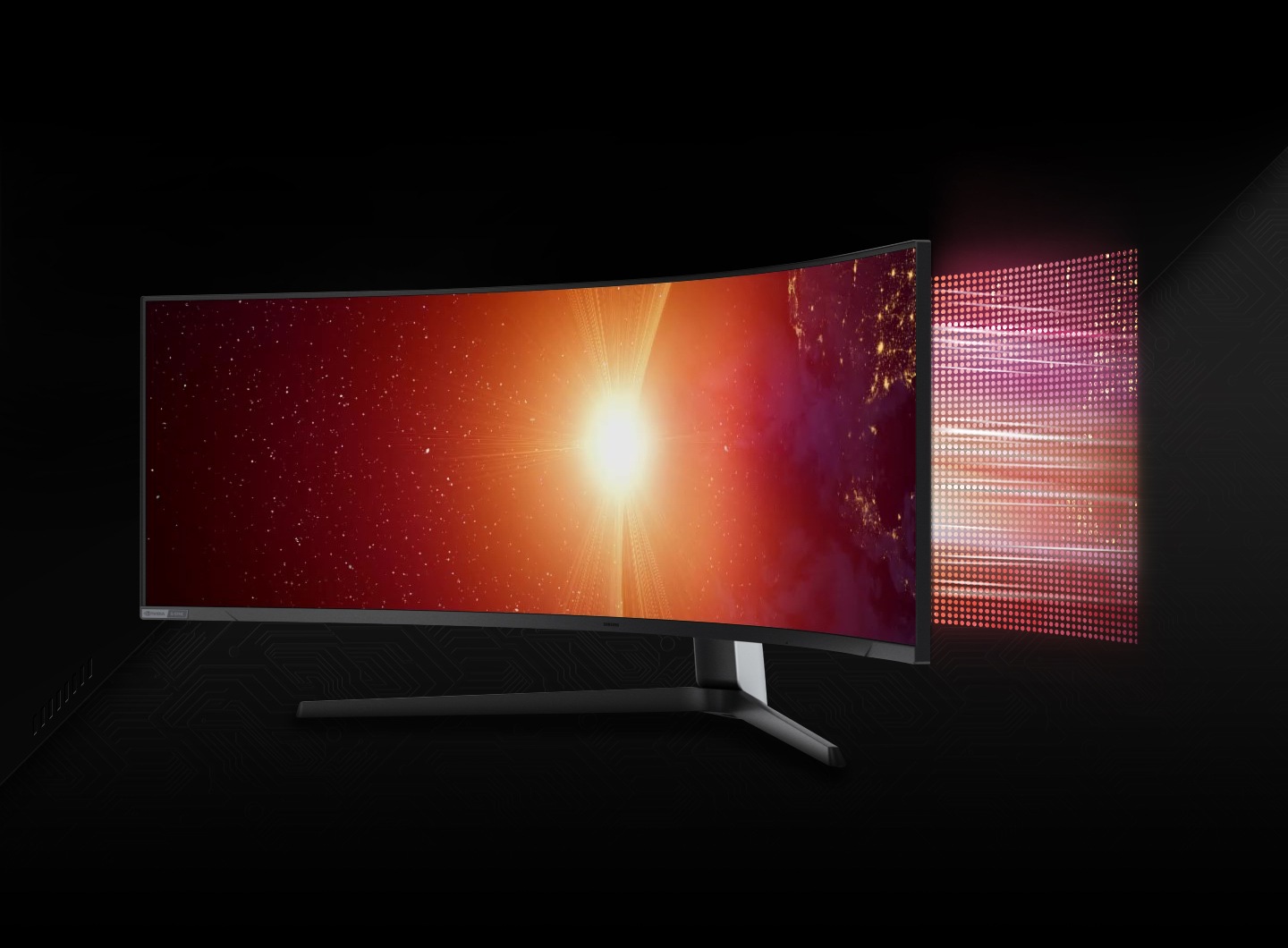 A video shows a split monitor screen with †Edge LED' on the left with a few large dots and †Quantum Mini-LED' on the right with many small dots. The left then shows ten local dimming zones and the right with 2,048. A shining star then appears on the screen as the monitor rotates to its left.