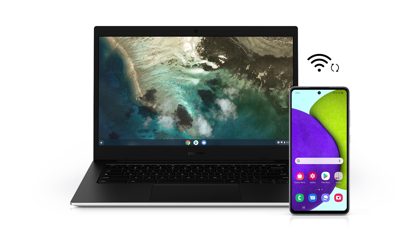 Galaxy Chromebook Go & Galaxy smartphone are placed side by side. In between are the Wi-Fi and sync icons with two curved arrows.