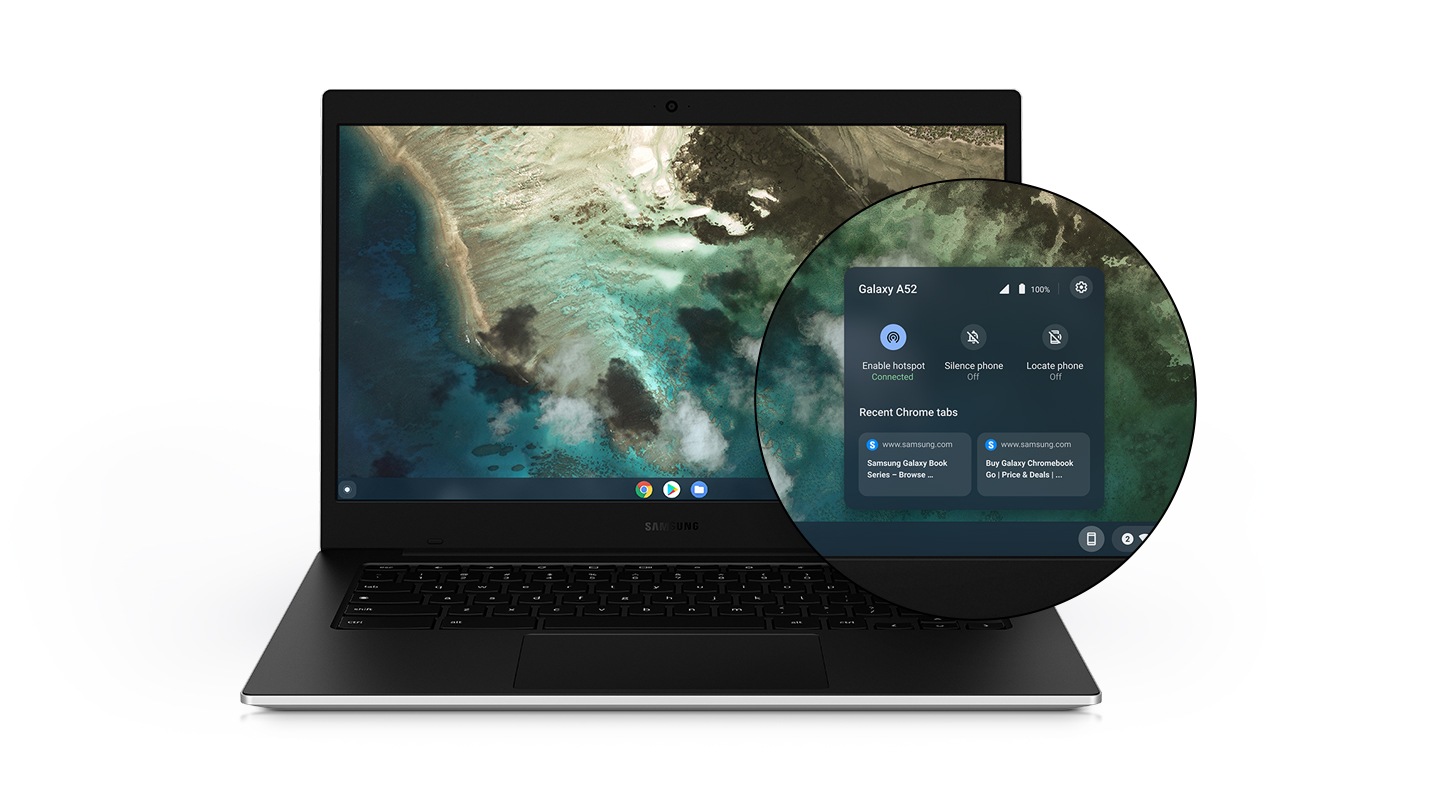 Close-up of pop-up on the Galaxy Chromebook Go's bottom right shows Enable hotspot is at the Connected status while Silence phone and Locate phone options are off.