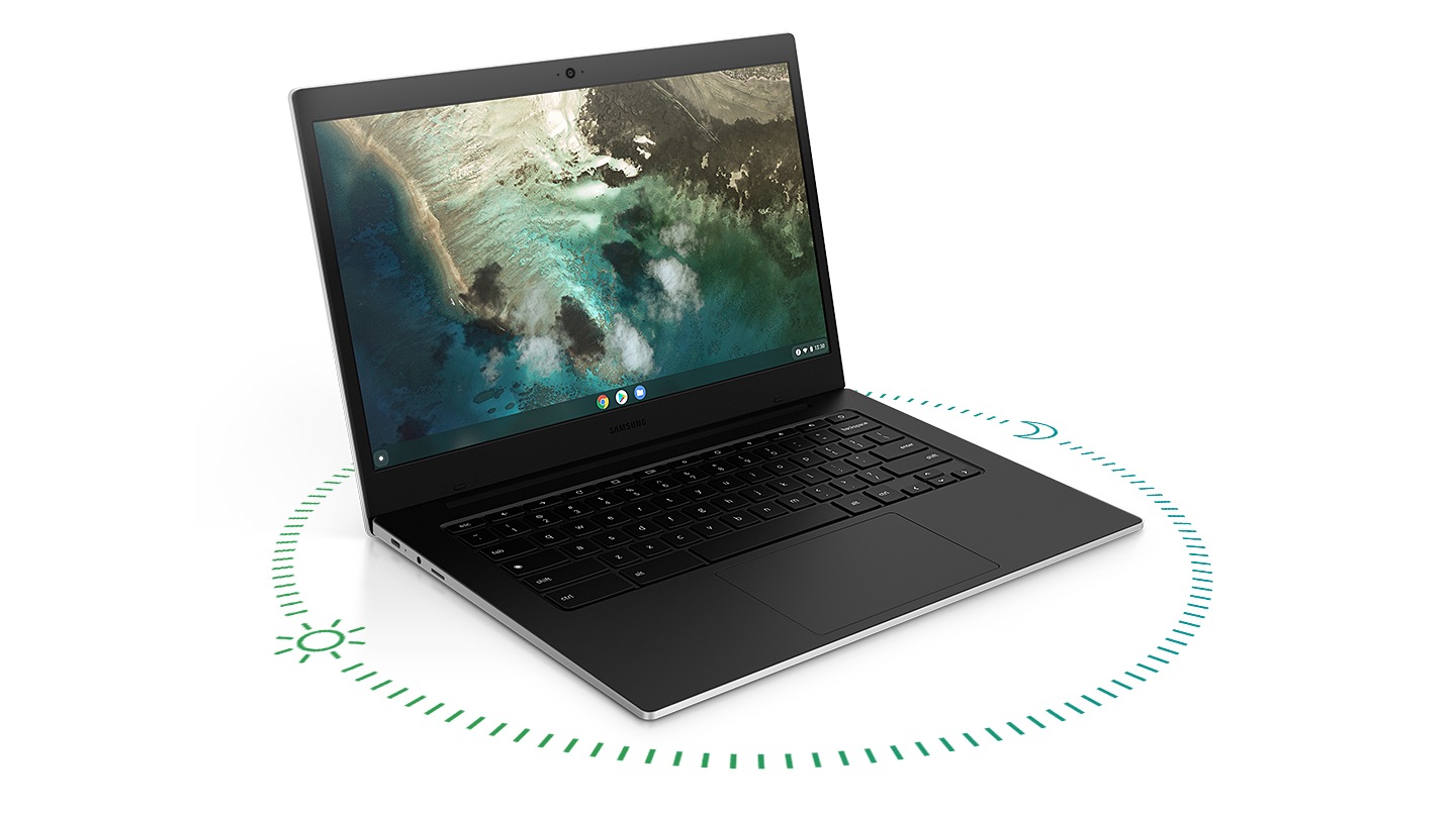 A Galaxy Chromebook Go device is standing upright in laptop mode, with a green-dotted circle around it representing its long-lasting battery life of 12 hours.