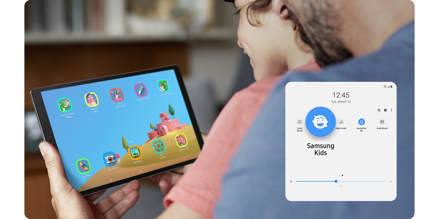 A young kid sits with parents, grinning at his Galaxy Tab A7 Lite. The parental usage control feature appears at the bottom.
