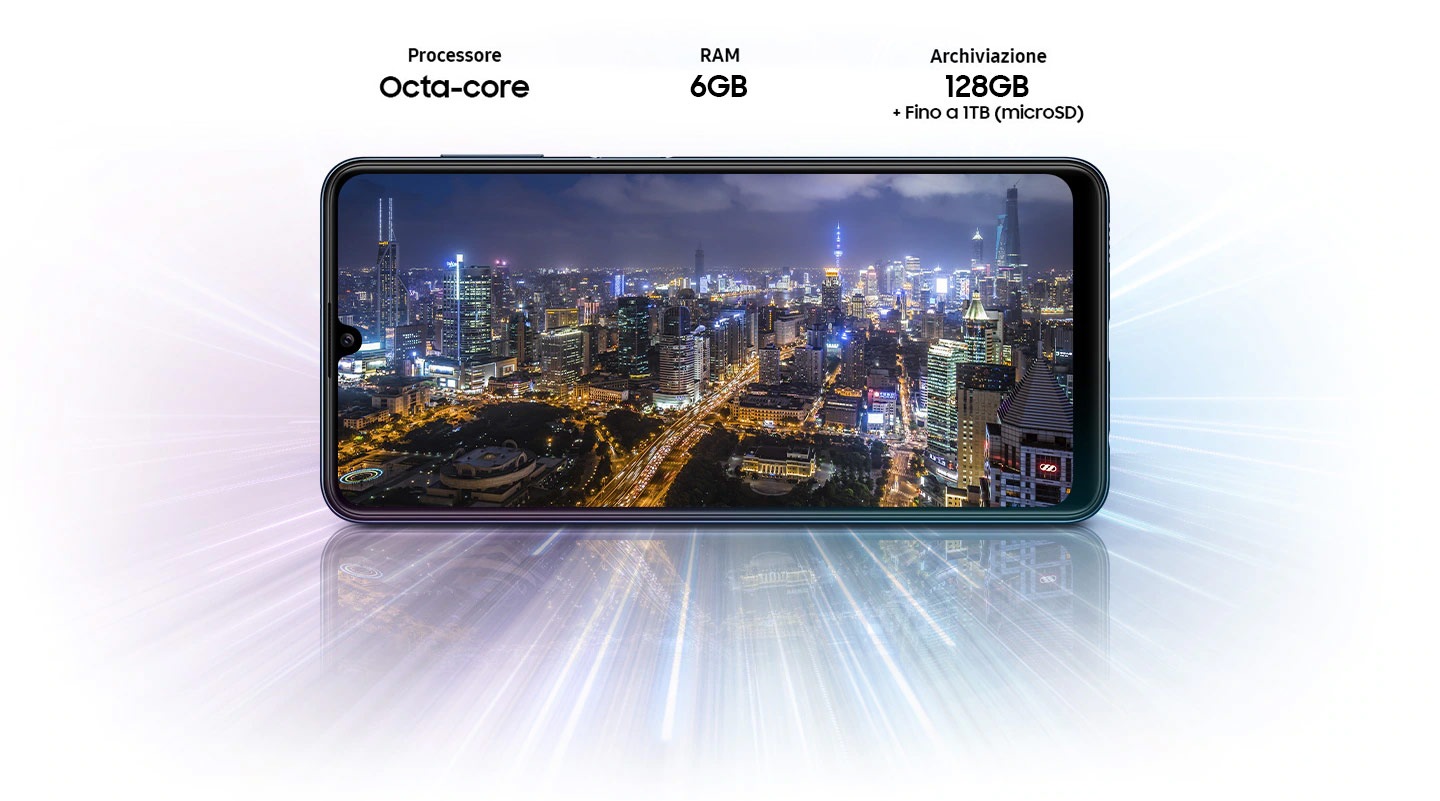 Galaxy M32 shows night city view, indicating device offers Octa-core processor, 6GB/8GB RAM, 128GB with up to 1TB-storage.