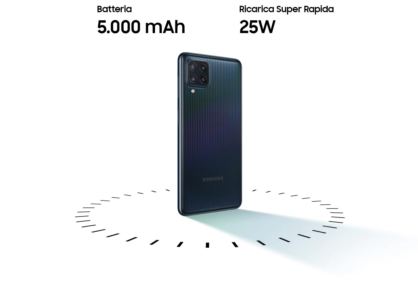 Galaxy M32 standing up, surrounded by circular dots on the bottom, with the text of 5,000mAh battery and 25W-Super Fast Charging on top.