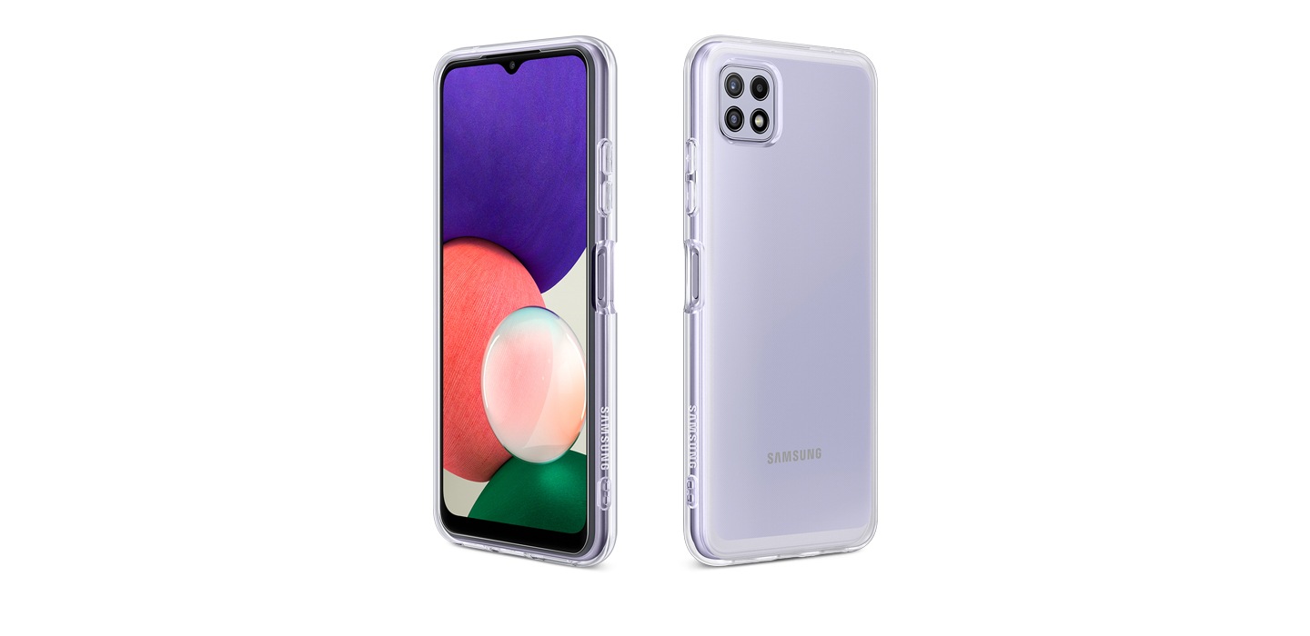 A front tilted, violet smartphone with a Transparent Cover stands up on the left side, and is shown tilted back on the right.