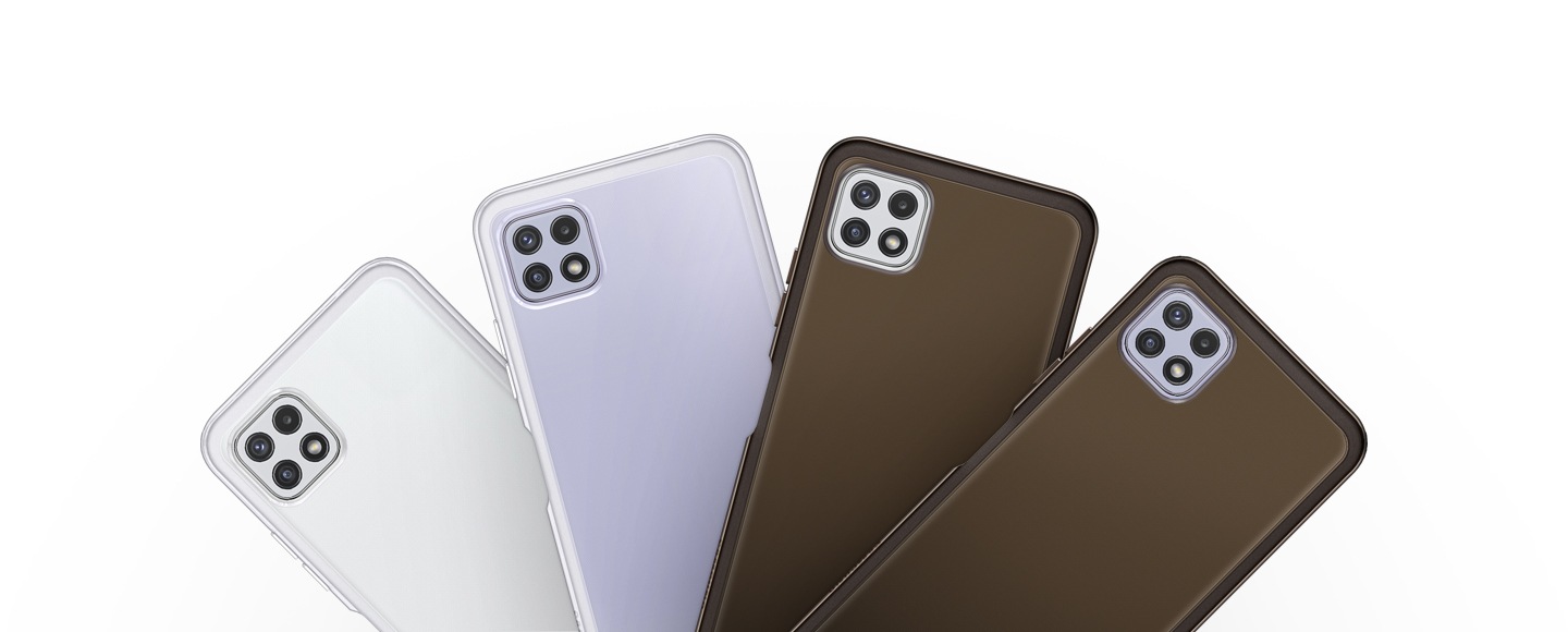 Four Soft Clear Covers are spread out in order. From left to right, there is a Transparent Cover on a white smartphone and then on a violet smartphone, a Clear Black Tint Cover on a white smartphone and again on a violet smartphone.