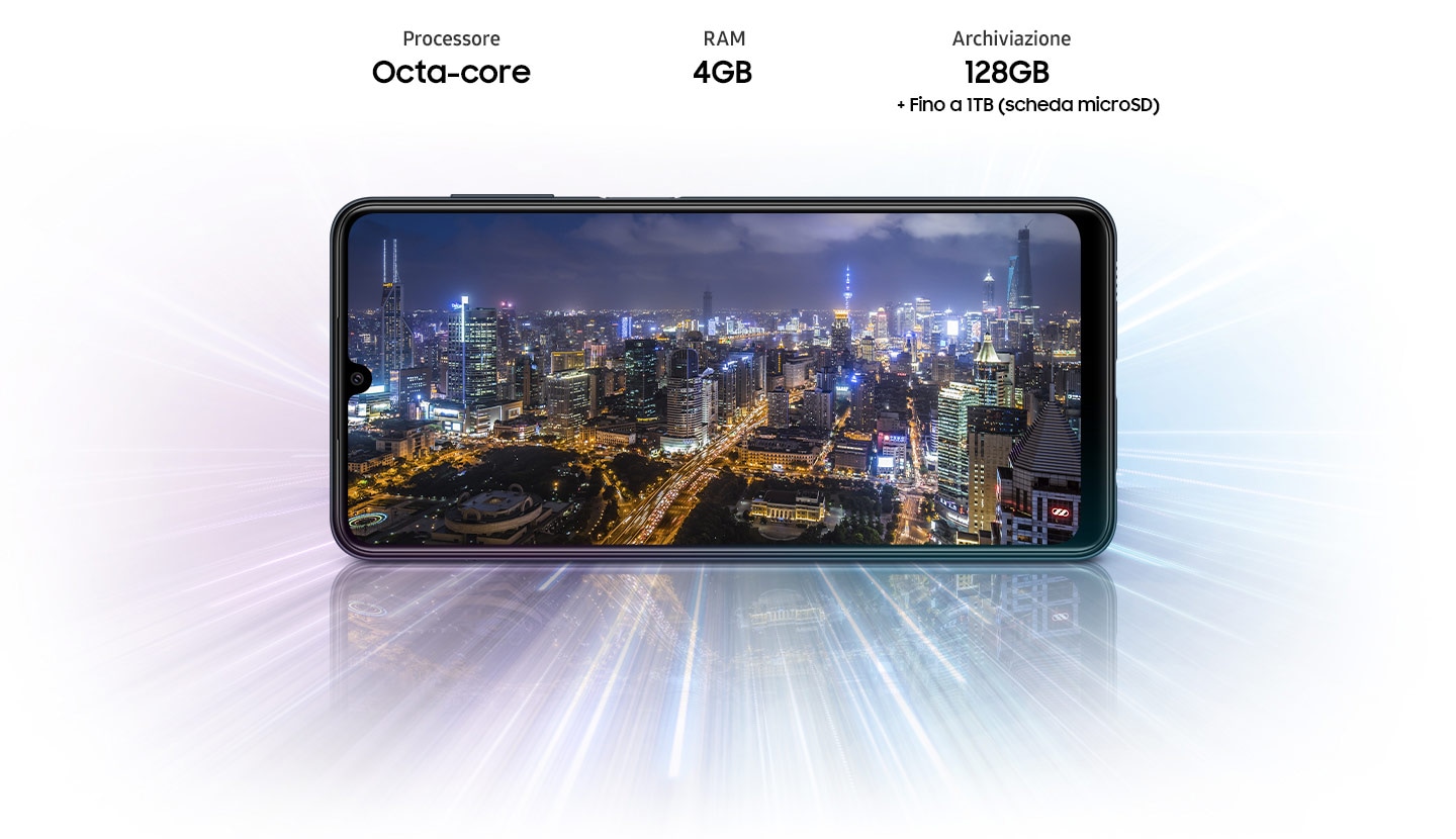  Galaxy M22 mostra la vista notturna della città, indicando che il dispositivo offre un processore Octa-core, 4 GB/6 GB di RAM, 64 GB/128 GB con spazio di archiviazione fino a 1 TB.