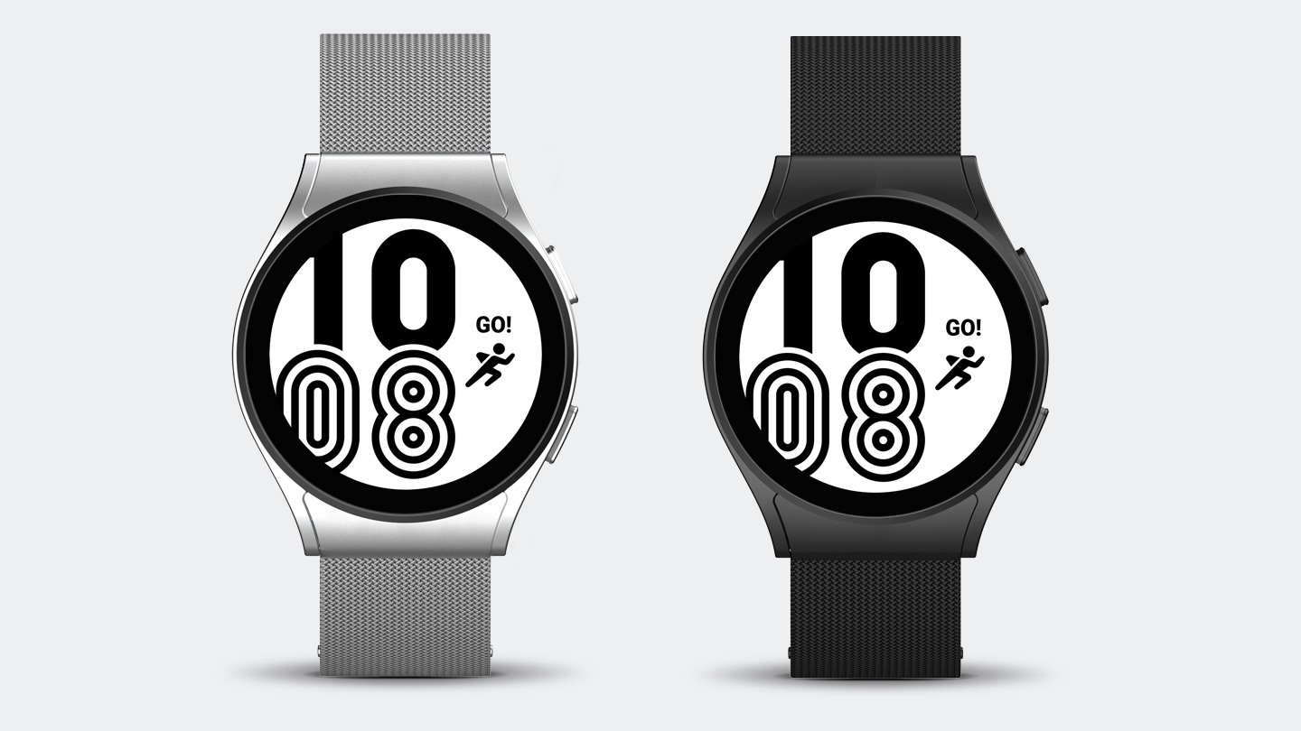 Immagine frontale di Galaxy Watch4 con cinturino Milanese