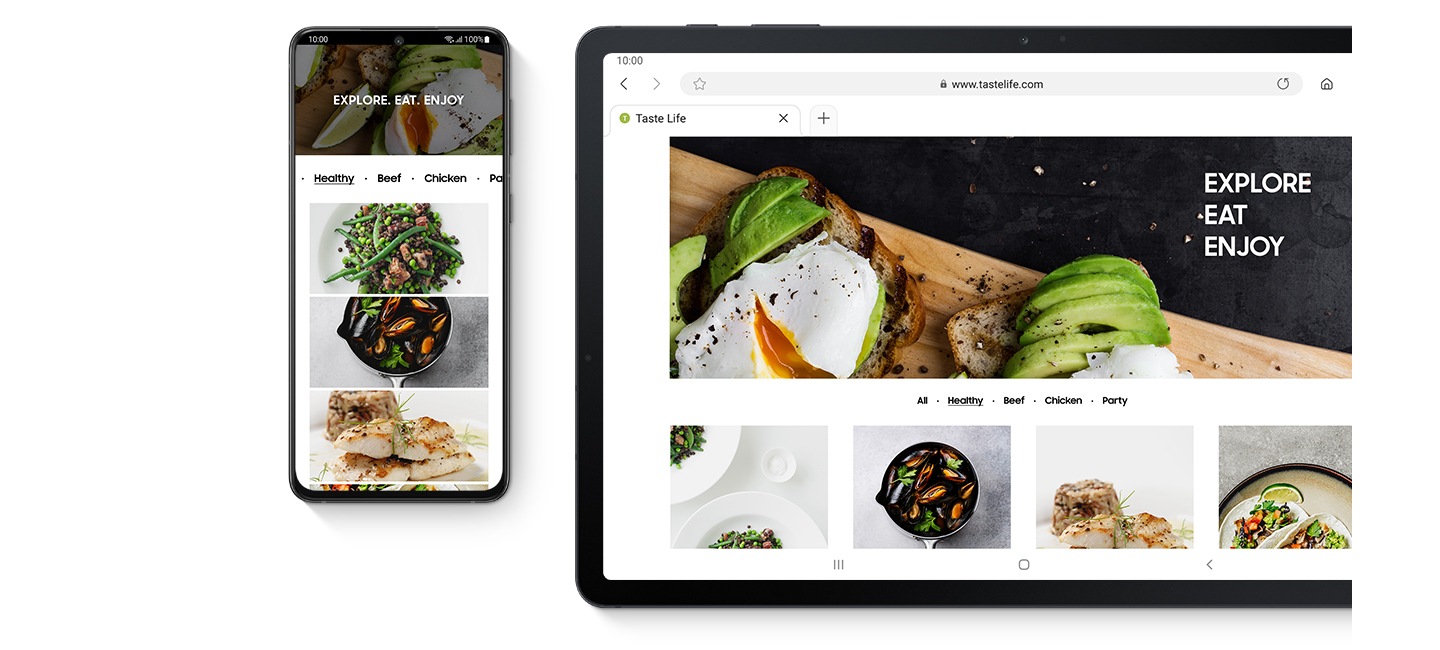 "1. Smartphone Galaxy e Galaxy Tab S7 FE 5G, entrambi visti dal lato anteriore. Entrambi hanno lo stesso sito web sullo schermo, che mostra un blog con ricette.  2. Smartphone Galaxy e Galaxy Tab S7 FE 5G, entrambi visti dal lato anteriore. Entrambi hanno Samsung Notes sullo schermo, che mostra la ricetta di un panino.  3. Smartphone Galaxy, Galaxy Buds Pro e Galaxy Tab S7 FE 5G. Custodia dei Galaxy Buds Pro vista dall'alto, aperta con gli auricolari all'interno. Lo schermo del telefono visualizza l'app Musica e un messaggio che i Galaxy Buds Pro di Ben sono passati al tablet. Il tablet mostra una videochiamata tra un uomo e una donna e un messaggio che i Galaxy Buds Pro si sono connessi automaticamente.