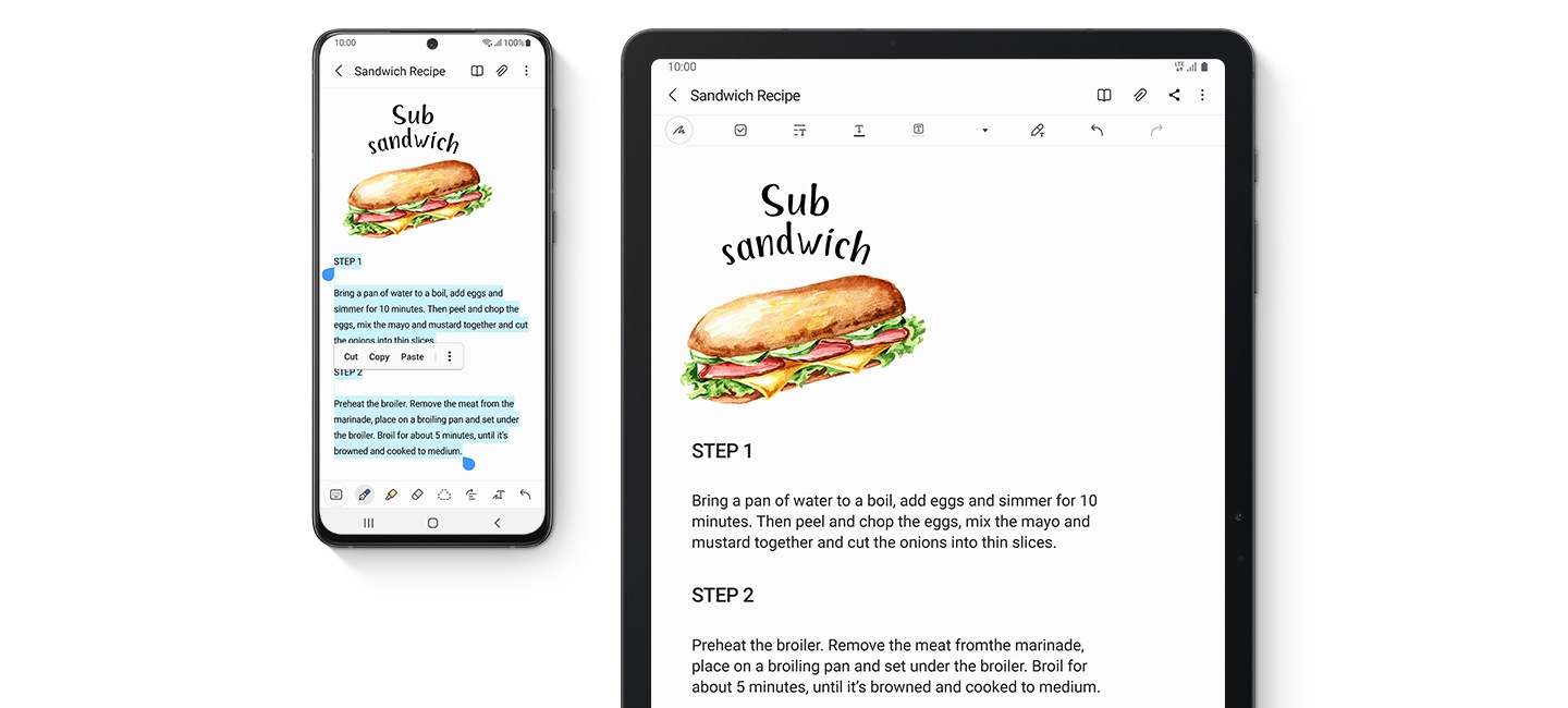 1. Smartphone Galaxy e Galaxy Tab S7 FE 5G, entrambi visti dal lato anteriore. Entrambi hanno lo stesso sito web sullo schermo, che mostra un blog con ricette.  2. Smartphone Galaxy e Galaxy Tab S7 FE 5G, entrambi visti dal lato anteriore. Entrambi hanno Samsung Notes sullo schermo, che mostra la ricetta di un panino.  3. Smartphone Galaxy, Galaxy Buds Pro e Galaxy Tab S7 FE 5G. Custodia dei Galaxy Buds Pro vista dall'alto, aperta con gli auricolari all'interno. Lo schermo del telefono visualizza l'app Musica e un messaggio che i Galaxy Buds Pro di Ben sono passati al tablet. Il tablet mostra una videochiamata tra un uomo e una donna e un messaggio che i Galaxy Buds Pro si sono connessi automaticamente.