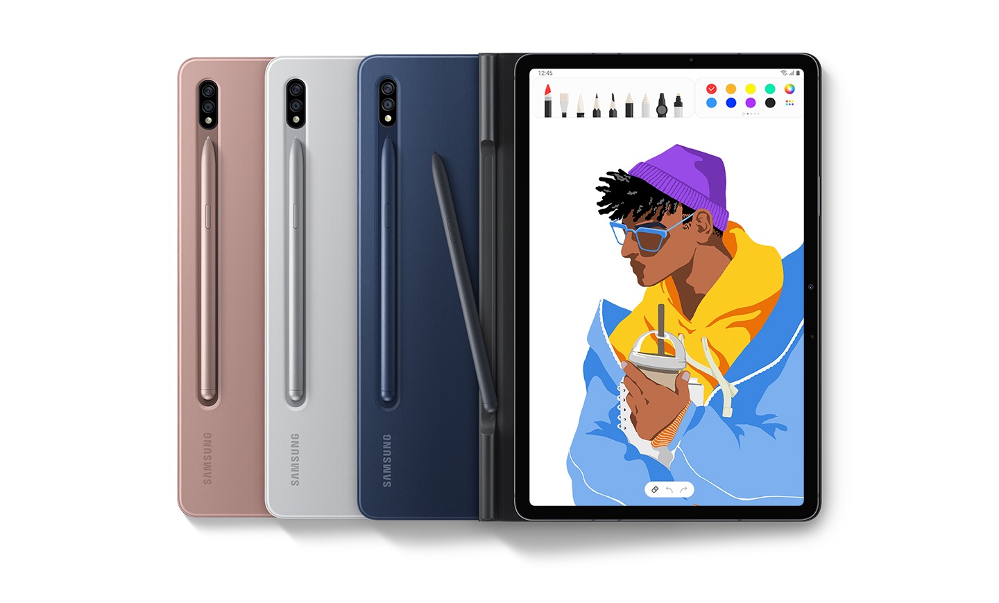 Copertina del libro Galaxy Tab S8 e S7 in rosa, argento, blu scuro, nero fianco a fianco. La penna rosa è attaccata sul retro della copertina rosa, la penna argentata è attaccata sul retro della copertina argentata e la penna blu navy è attaccata sul retro della copertina del libro della marina, la copertina del libro nero è aperta, puoi vedere lo schermo e c'è una penna su di esso.
