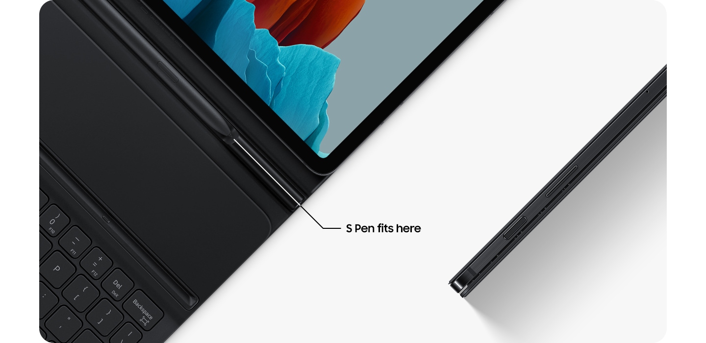 Close up of Galaxy Tab S7 in the Book Cover Keyboard Slim. There is a graphic wallpaper onscreen, and the S Pen is seen inside the S Pen holder. Text says S Pen fits here. Another Galaxy Tab S7 is seen inside the closed cover, standing on its side to show the slim design.