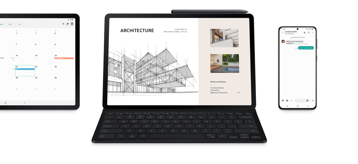 Galaxy Tab S7 FE in Book Cover Keyboard Slim e un telefono Galaxy. Sullo schermo del Tab S7 FE viene visualizzato un calendario con un evento intitolato Movie! Il Tab S7 FE all'interno della copertina ha una presentazione dell'architettura sullo schermo. La S Pen è fissata magneticamente al tablet. Lo smartphone Galaxy mostra un messaggio di Lindsey Smith: vuoi vedere un film questo fine settimana? E la risposta: Sì, suona bene!