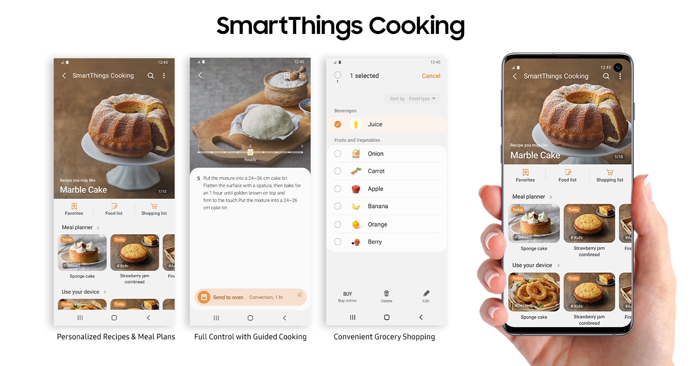 Shows various smartphone screens that let you access personalized recipes and a weekly meal plan or create a shopping list.