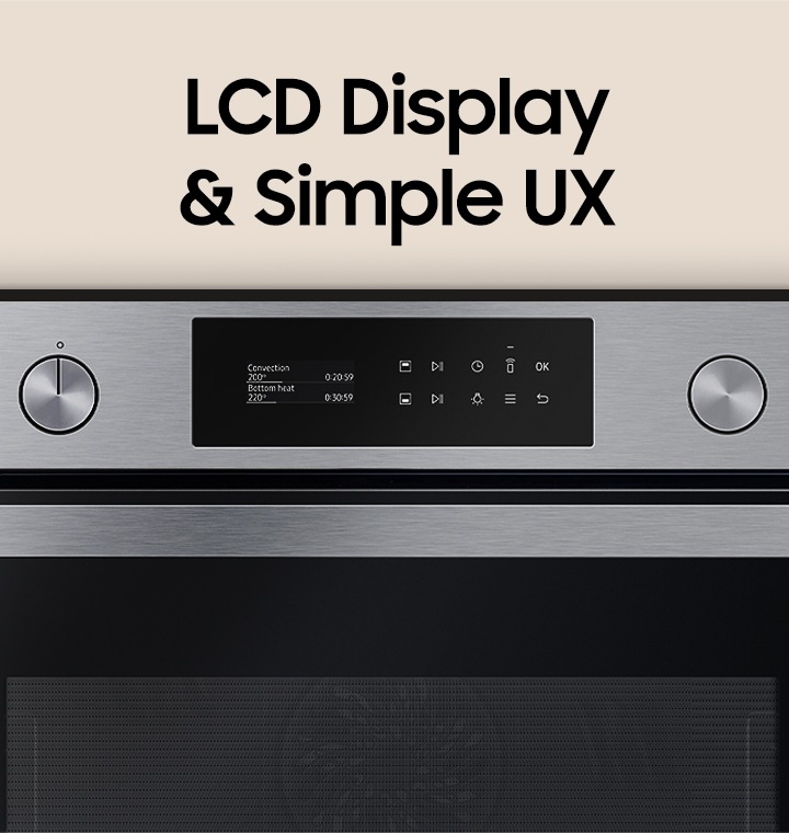 Shows the oven's LCD display with its clear and personalized settings and options.