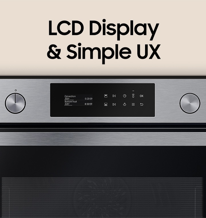 Shows the oven's LCD display with its clear and personalized settings and options.