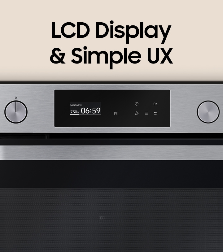 Shows the oven's LCD display with its clear and personalized settings and options.