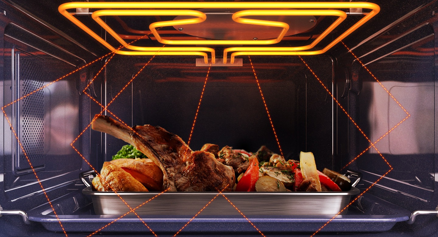 Shows a meal being cooked quickly and thoroughly using the oven’s “stirrer” microwave.