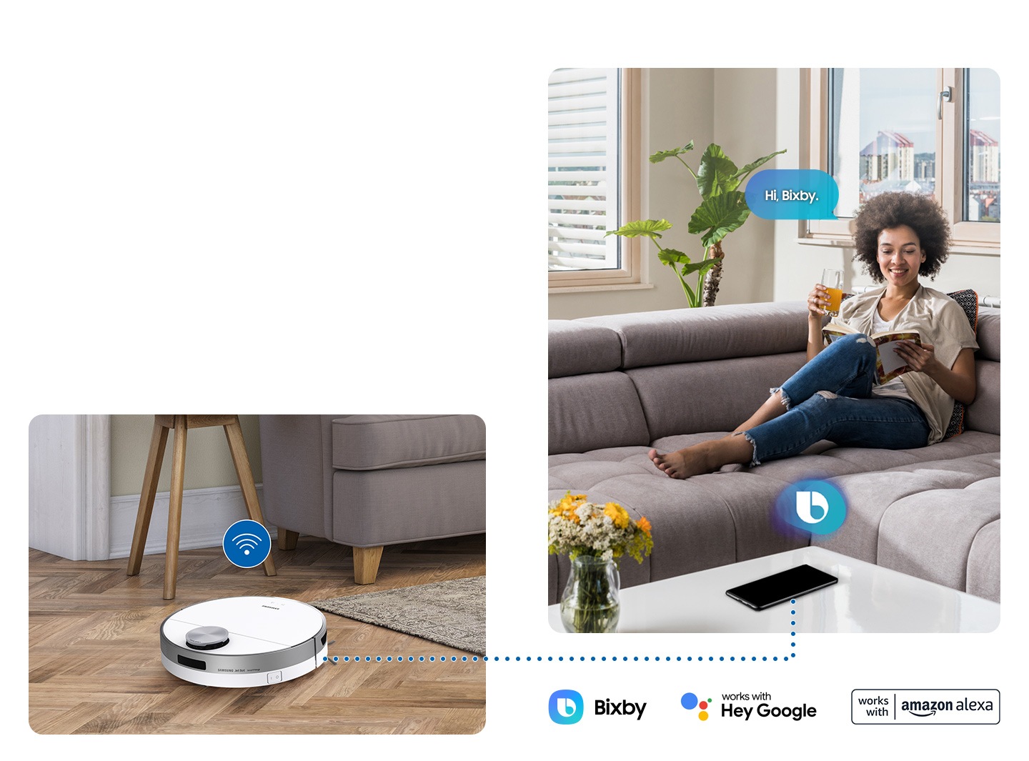  Con il riconoscimento vocale di Bixby, un utente dice a Jet Bot di pulire e può persino chiedere informazioni o controllare l'animale domestico .