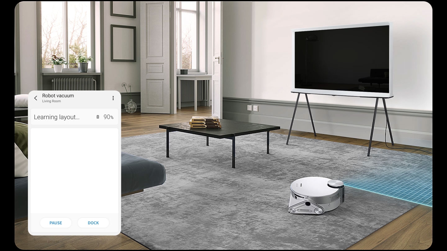 Il sensore LiDAR di JetBot AI+ esegue la scansione di 360 gradi da sinistra a destra per apprendere la disposizione di un elegante salotto prima della pulizia.