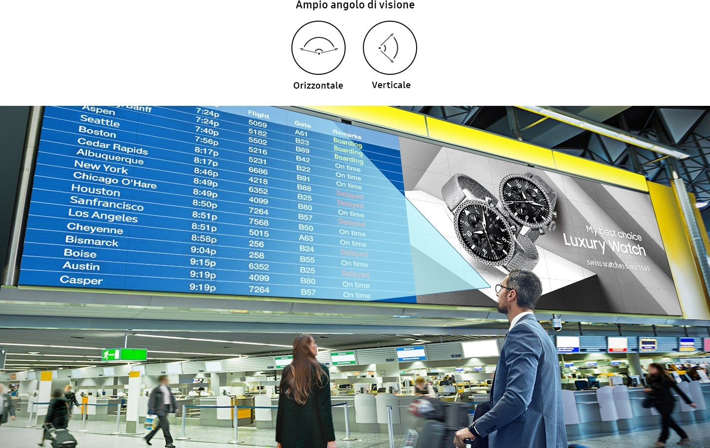 A man looking at the VHR-R at the airport. An icon displayes wide angle viewing (Horizontal, Vertical).