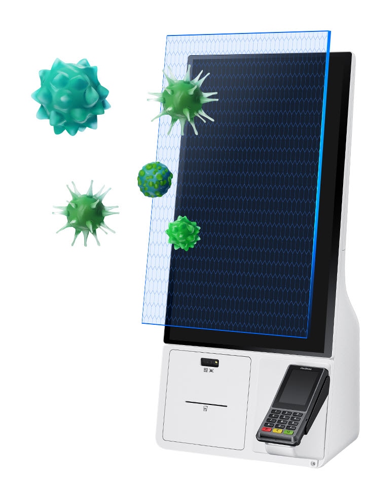 A glass-look shield protects the KM24A against viruses. There is a UL certification mark on the shield.