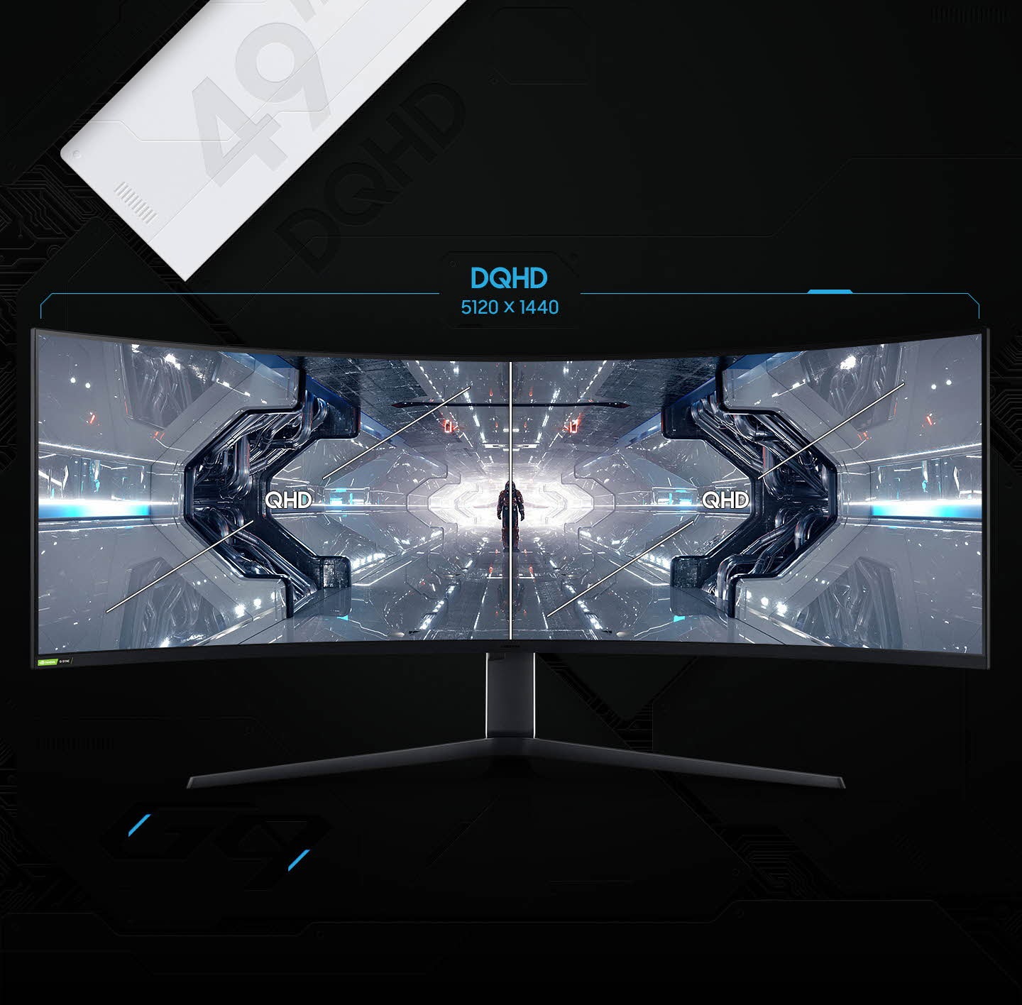 It is a 49" G95T front view and the screen shows a dual QHD display. The size is marked as DQHD 5120 X 1440 at the top.