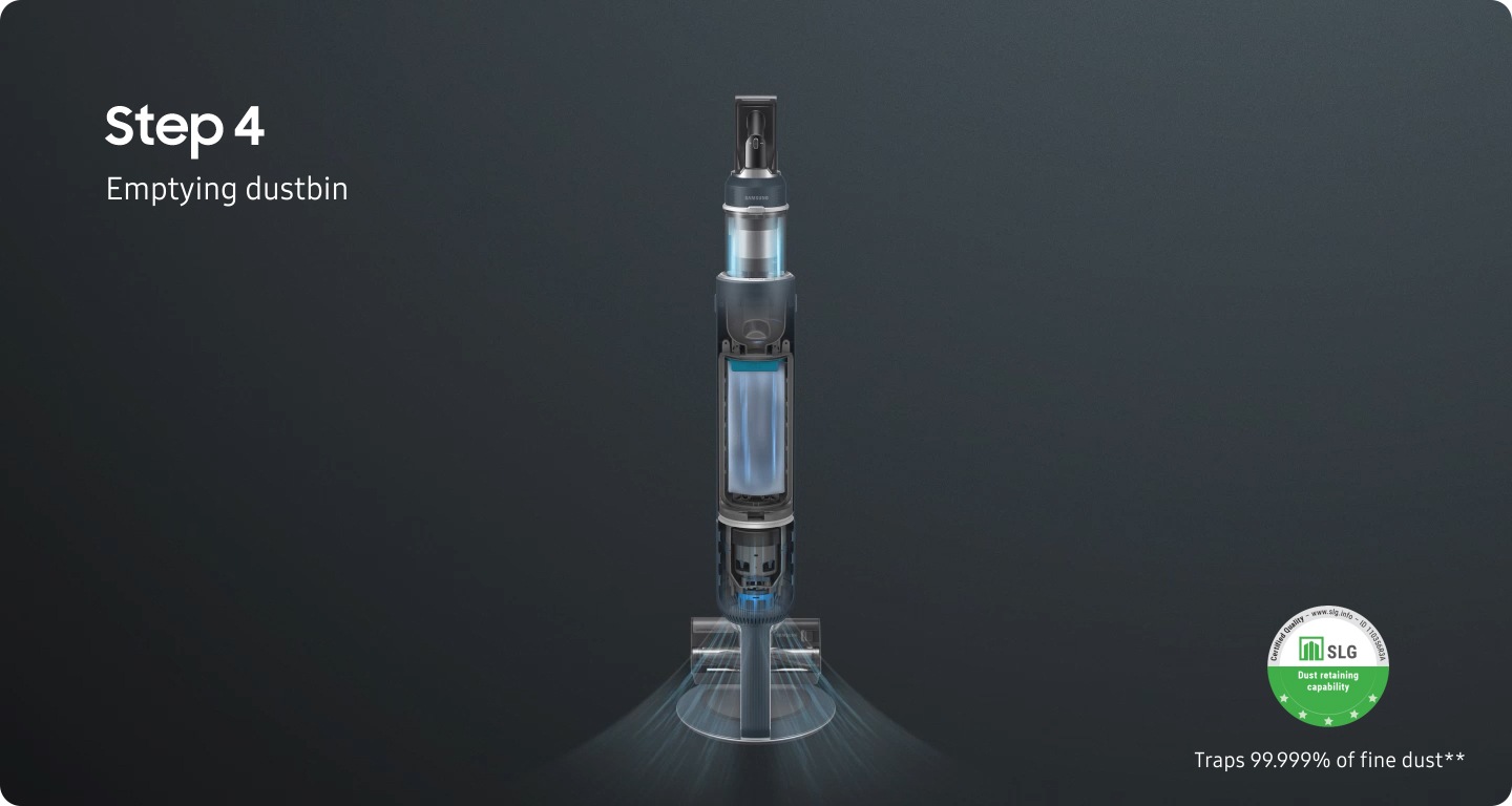 Un JET su misura con un bidone della spazzatura pieno viene posizionato sulla stazione di pulizia All-in-one. La batteria si carica e, con un solo tocco, la polvere cade nella Clean Station. Le strisce blu illustrano la potente aspirazione. Viene visualizzata una certificazione che indica la capacità di SLG di trattenere la polvere di intrappolare il 99,999% delle polveri sottili.