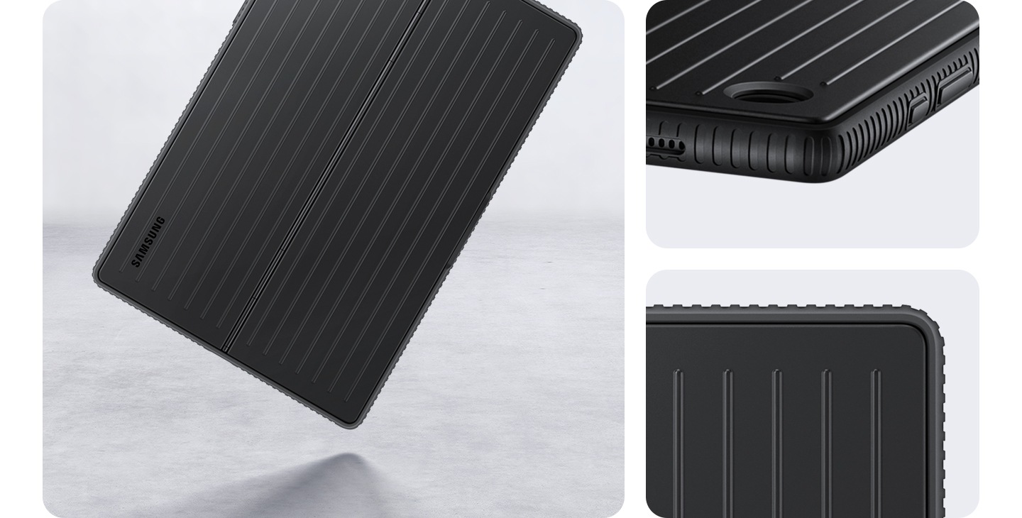 Un Galaxy Tab A8 in una cover protettiva in piedi è posizionato sopra una superficie con l'angolo in basso a destra inclinato verso il basso. Accanto ad esso ci sono 2 primi piani dell'angolo.