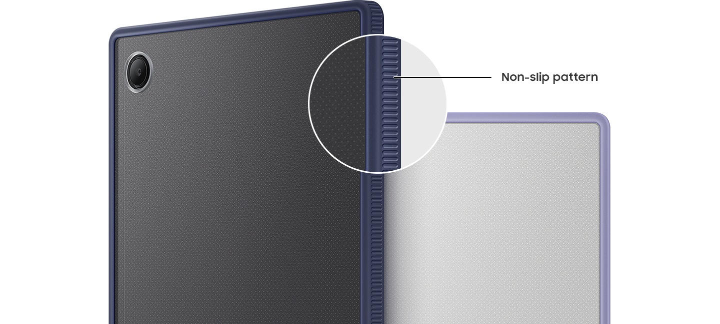 Due tablet Galaxy Tab A8, visti dal retro e uno inclinato. Entrambi hanno la Clear Edge Cover installata e un cerchio ingrandisce il lato di quello visto da un'angolazione. Il testo dice Modello antiscivolo.