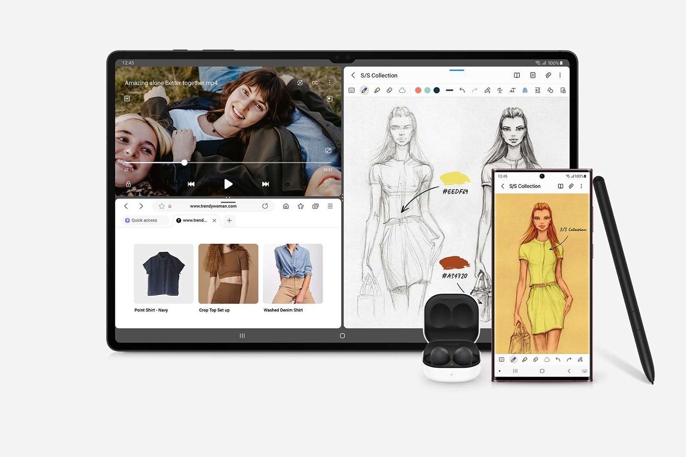 Lo schermo di Galaxy Tab serie S8 è suddiviso in tre finestre. Una videochiamata di una donna appoggiata sulle ginocchia di qualcuno è mostrata in alto a sinistra. Nella parte inferiore è visualizzato un sito di shopping online. Accanto ci sono alcune bozze di disegno. Galaxy Buds2, Galaxy S22 Ultra con la stessa finestra di disegni aperta e S Pen si trovano nell'angolo in basso a destra di Galaxy Tab serie S8 . 