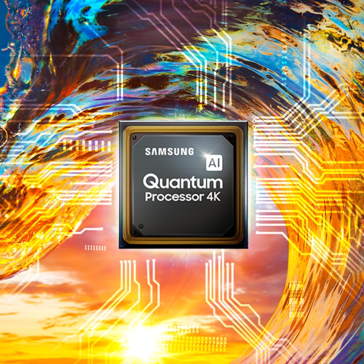  Viene visualizzato un chip Quantum Processor 4K con un'onda colorata e un tramonto sullo sfondo.