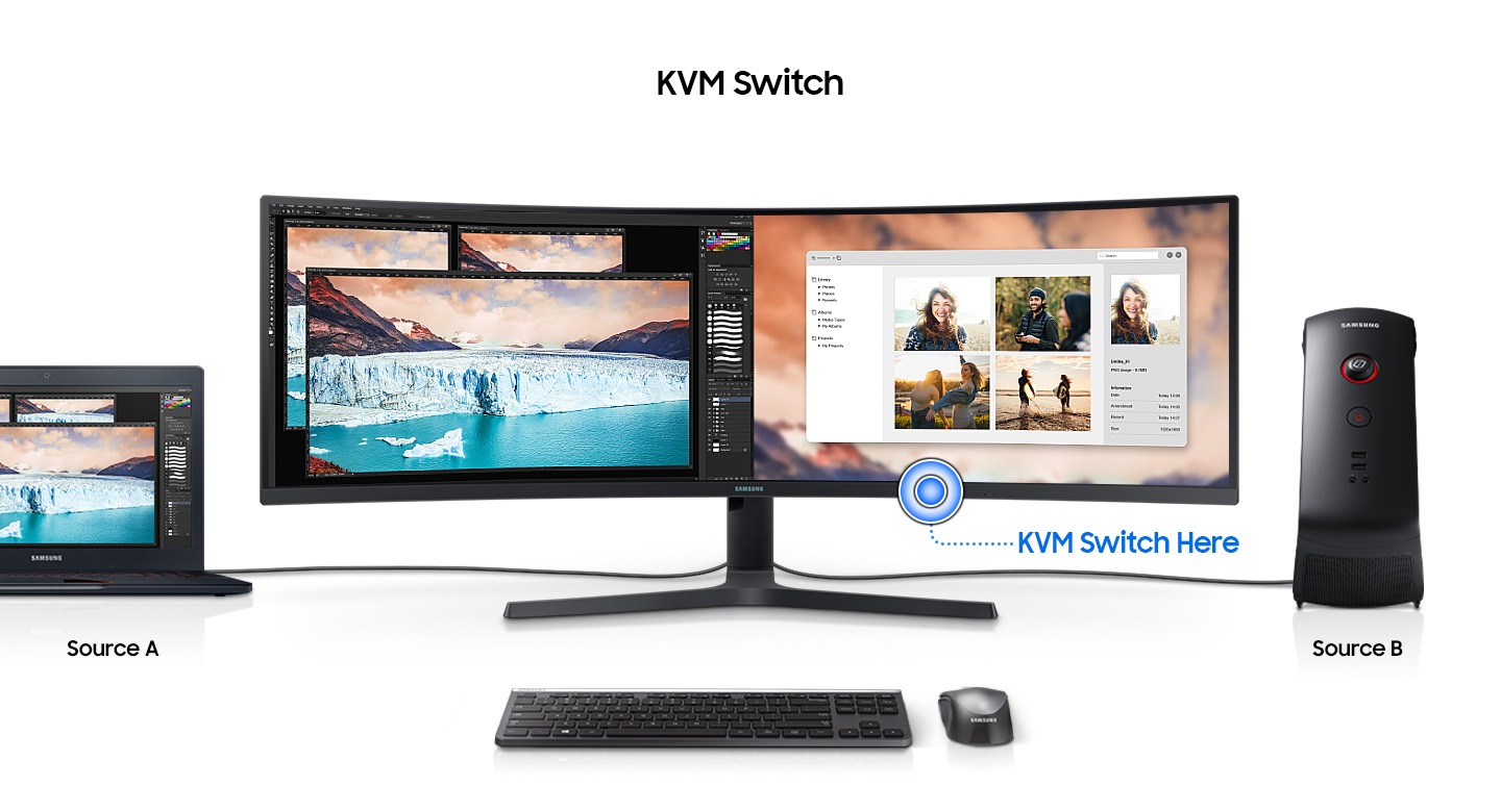 S9 is connected by cables to a laptop(source A) on the left side, and a PC(source B)on the right side, with a keyboard and mouse in front. With the text †KVM Switch' above, the monitor screen is split into half. First pointing a point underside of the monitor, the signal shows where KVM switch is. A
