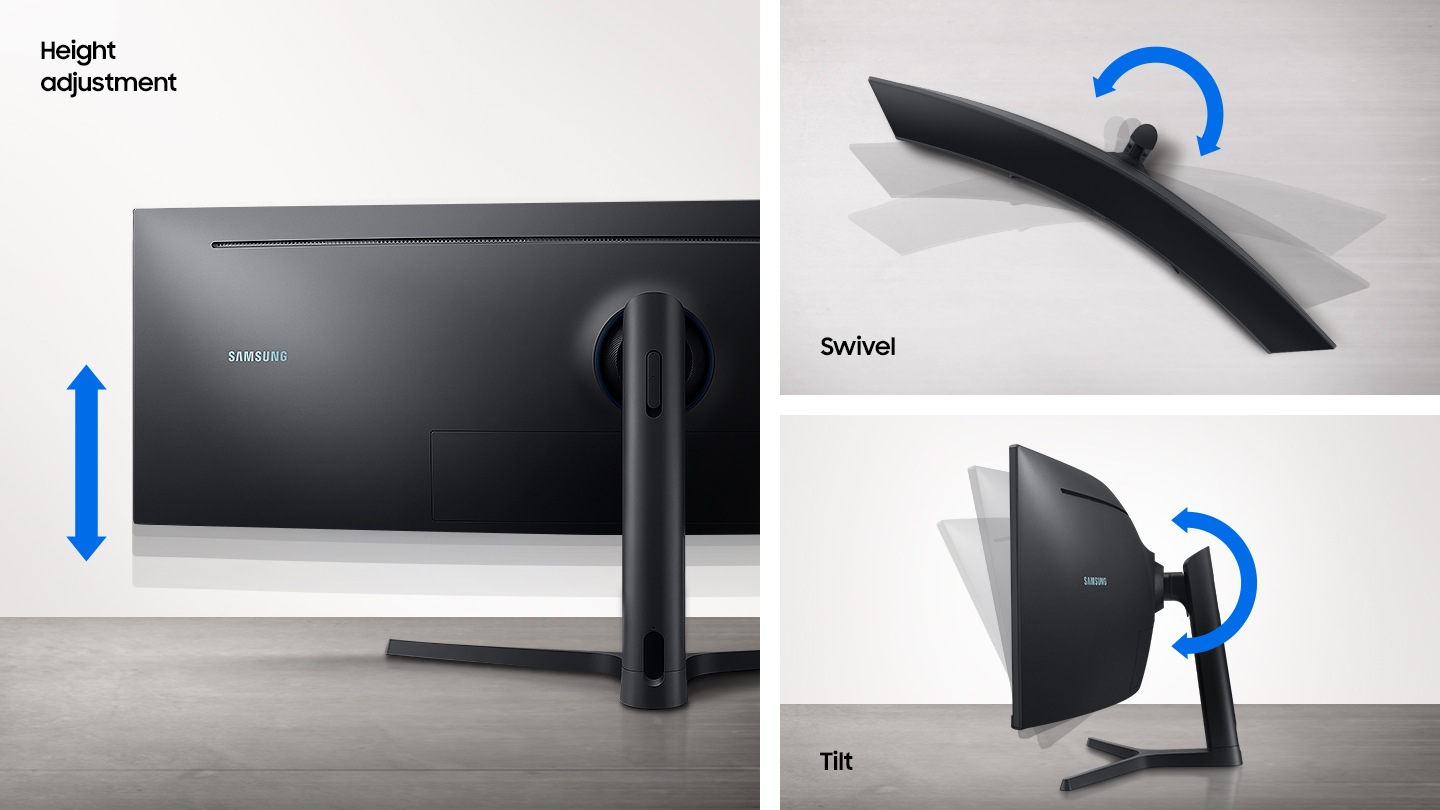 Covering the full left side, the back of S9 is shown with a blue arrow below the text †Height adjustment'. The top half of the right side shows a bird's-eye view of the monitor tilted to the right, with a blue semi-circle arrow above the text †Swivel'. The bottom half of the right side shows the left side profile of the monitor, with a blue semi-circle arrow to the right of the text †Tilt'.